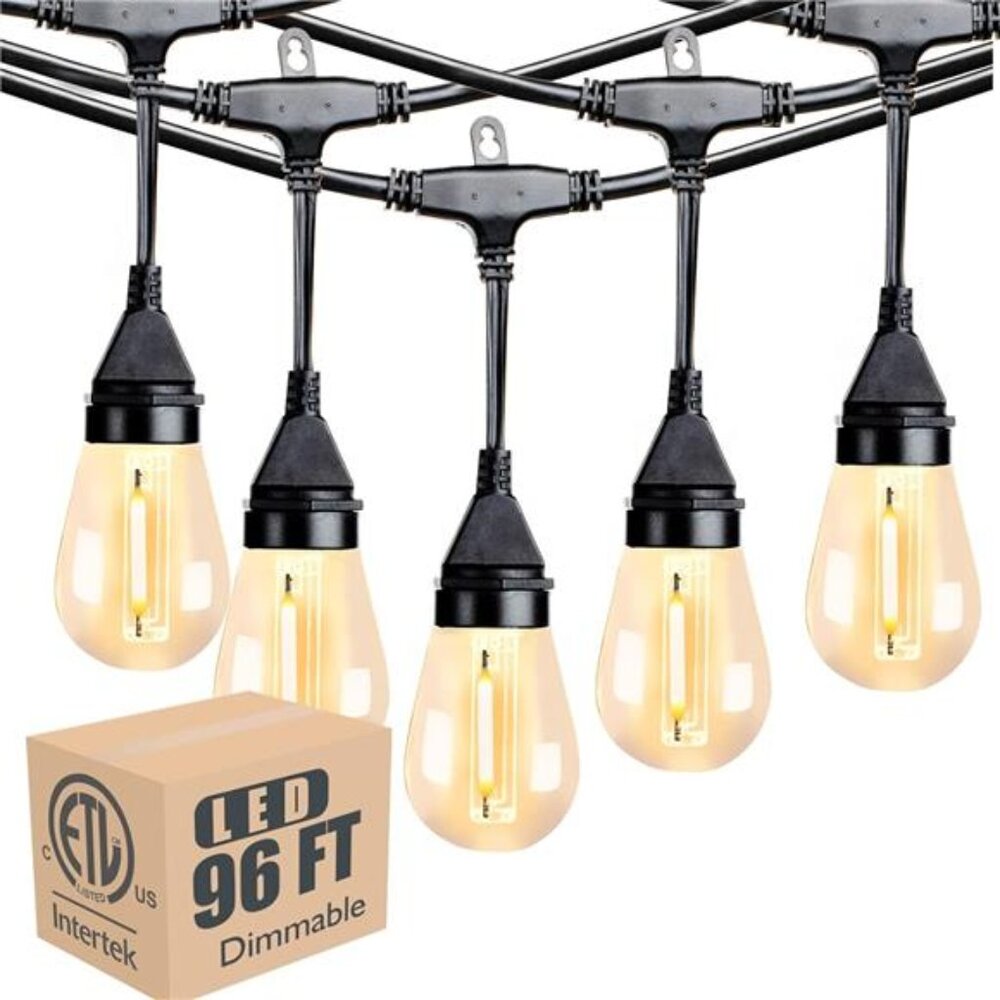96FT (2x48FT) Outdoor String Lights, Shatterproof Dimmable LED Bulbs String